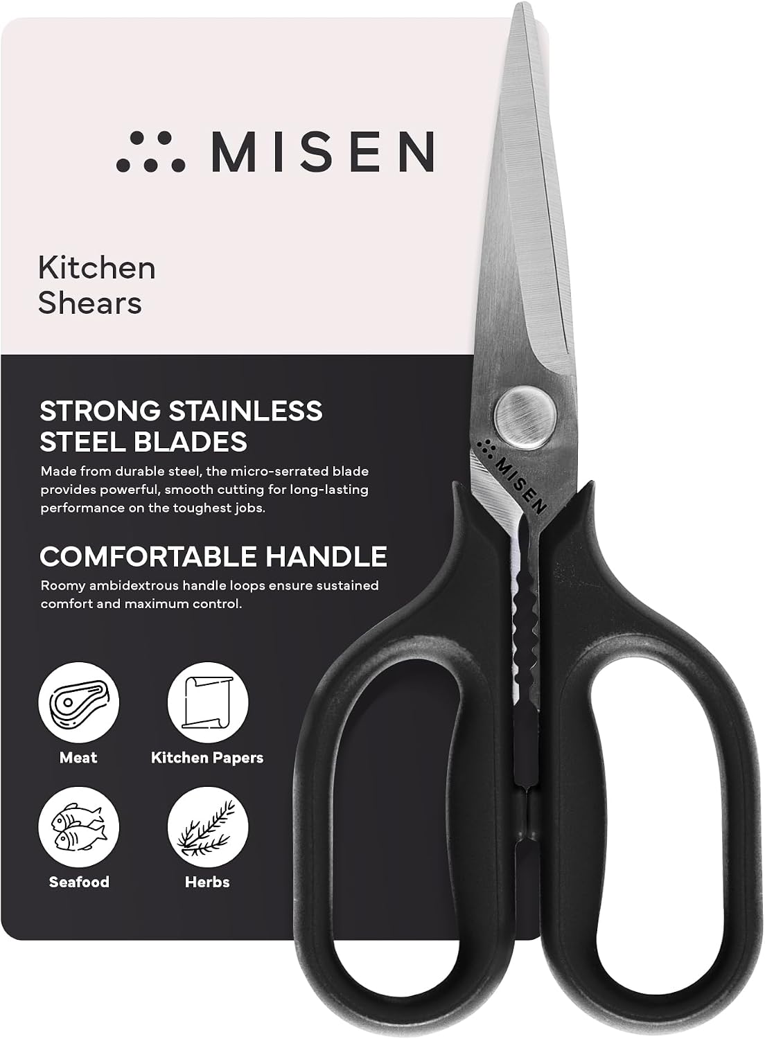 Misen Heavy Duty Kitchen Shears - Stainless Steel, Versatile and Easy Clean Scissors for Meat, Herbs and Veggies - Ambidextrous Comfort Handle - Professional Grade - Black