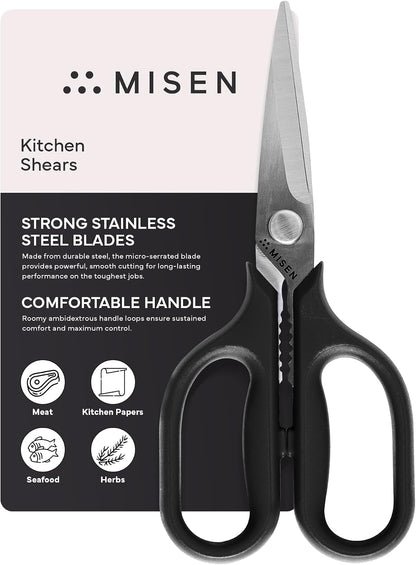 Misen Heavy Duty Kitchen Shears - Stainless Steel, Versatile and Easy Clean Scissors for Meat, Herbs and Veggies - Ambidextrous Comfort Handle - Professional Grade - Black