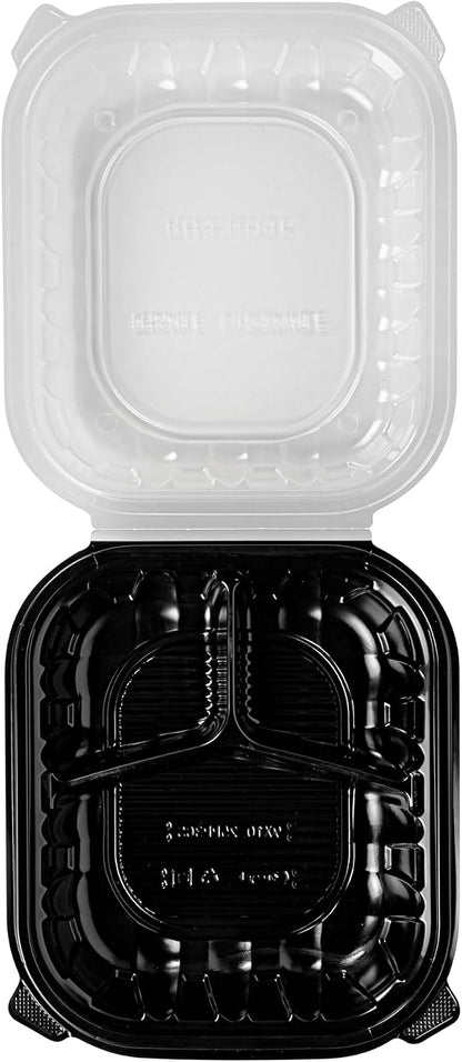 Thermo Tek 40 Ounce Clamshell Containers, 50 Disposable Take Out Boxes - 3 Compartments, Ventilated Lids, Black Plastic Meal Prep Containers, Microwavable, For Pasta Or Salads - Restaurantware
