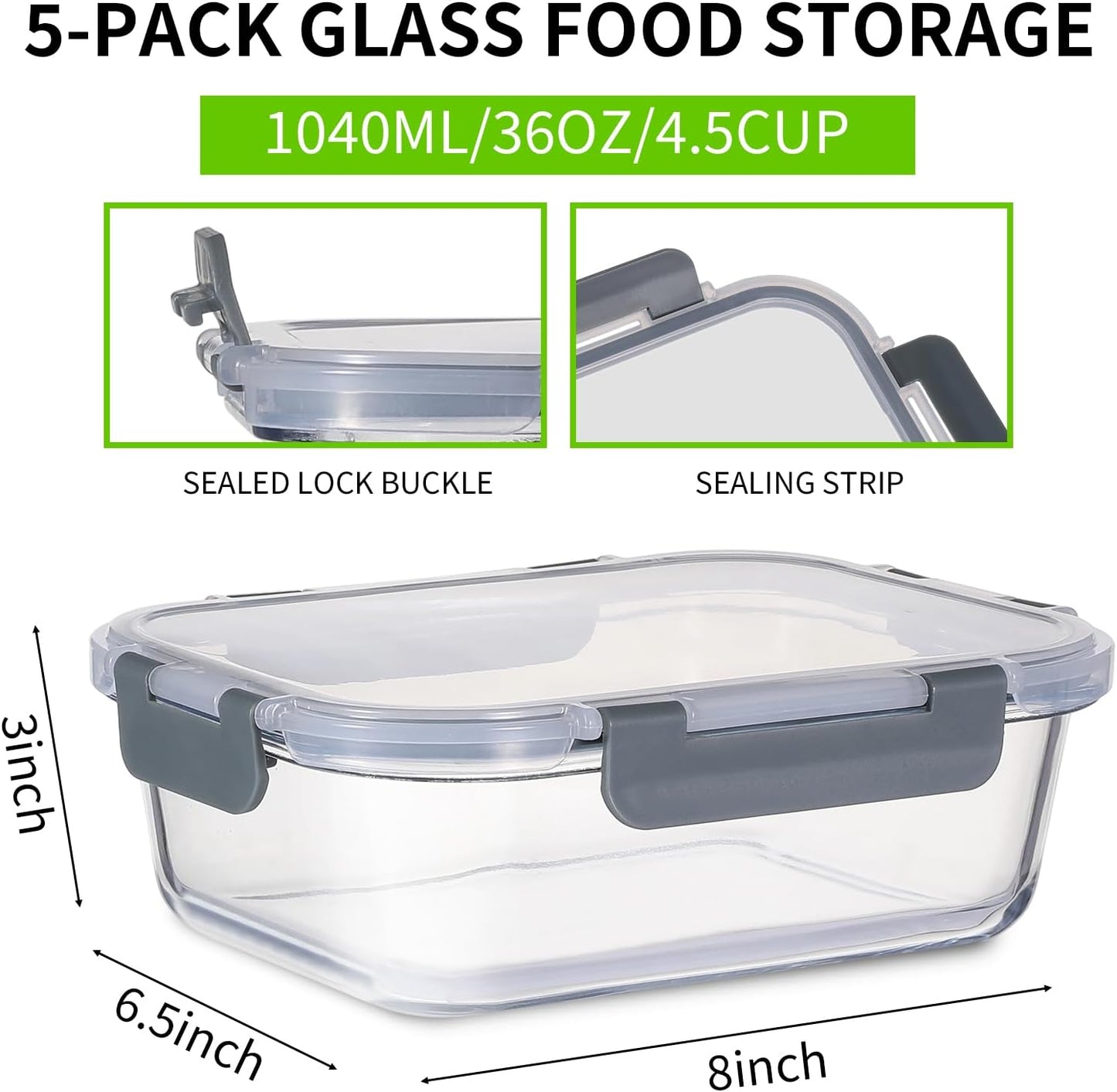 DANALLAN 5Pcs Glass Storage Containers with Lids 36 OZ Meal Prep Containers Sets Kitchen Airtight Leak Proof Oven Safe Food Lunch Container Microwave Freezer Dishwasher Safe