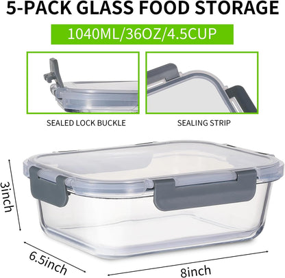 DANALLAN 5Pcs Glass Storage Containers with Lids 36 OZ Meal Prep Containers Sets Kitchen Airtight Leak Proof Oven Safe Food Lunch Container Microwave Freezer Dishwasher Safe