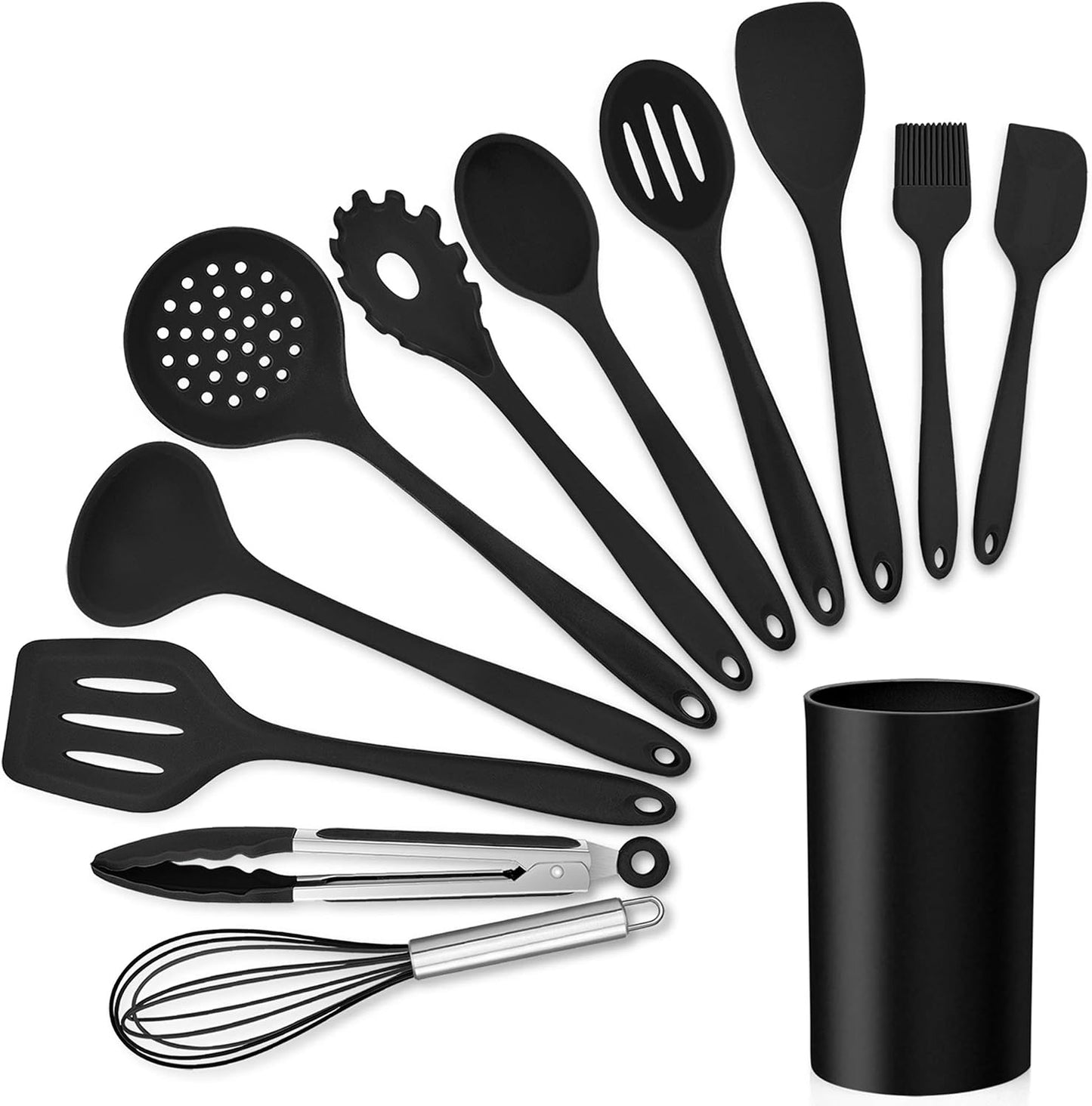 LIANYU 12-Piece Silicone Kitchen Cooking Utensils Set with Holder, Kitchen Tools Include Slotted Spatula Spoon Turner Ladle Tong Whisk, Dishwasher Safe, Dark Blue