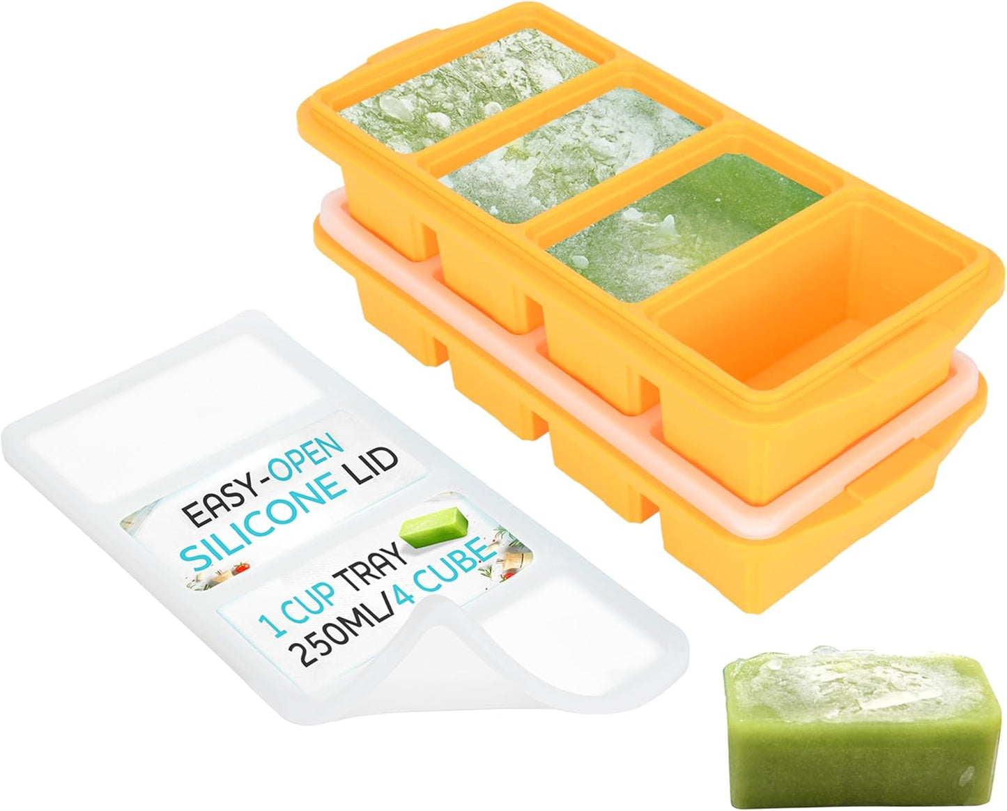 XOMOO Silicone Freezer Tray With Lid-Soup Freezer Container molds-2-cup Extra Large Ice Cube Tray-makes 4 perfect 500ml portions cubes, For freezing soup,stews,sauces.Oven&Dishwasher-Safe(2-Pack)