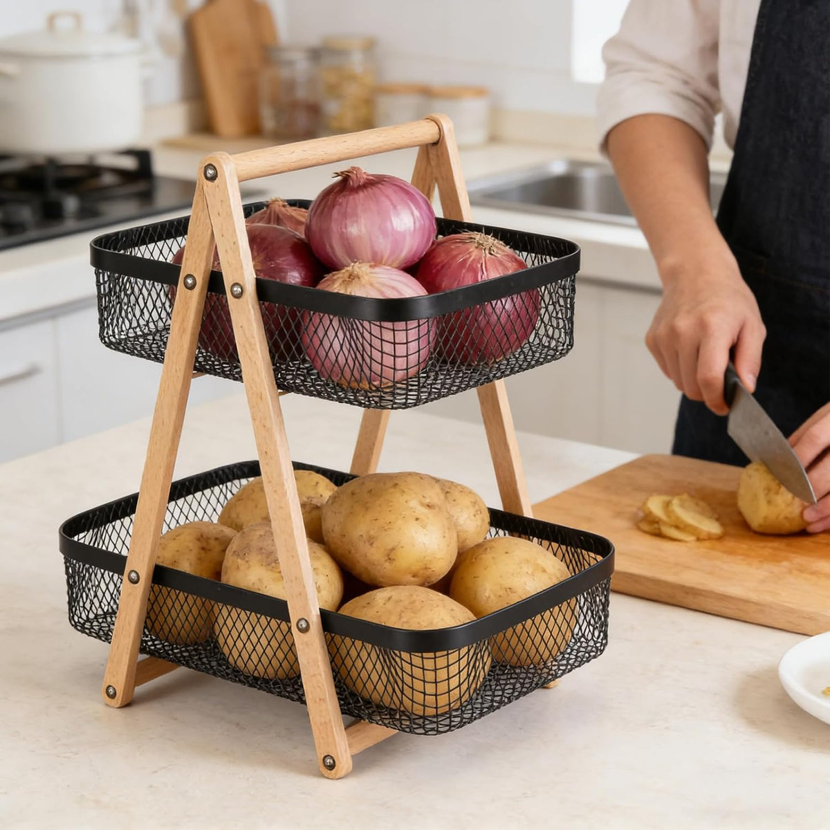 2 Tier Onion and Potato Storage Basket for Pantry, Wire Produce Organizer with Wooden Handle, Kitchen Counter Vegetable Bin for Garlic, Fruit, Bread and Snacks, Black
