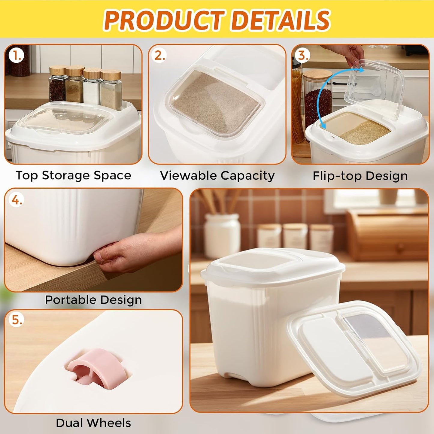 Blushtier 4 Pack Sugar Storage Containers Flour Bin with Wheels Large Pet Dog Food Storage Boxes Measuring Cup Sealed Transparent Flip Lid Portable Household Rice Container Set(20 Lbs)