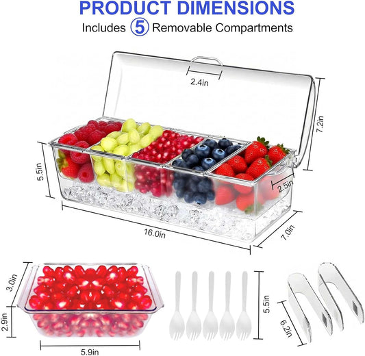 Large Ice Chilled Condiment Caddy，Chilled Condiment Containers Server with Lids for 5 Removable Compartments ，Serving Platters , Fruit & Garnish Tray for Party Supplies & Bar Accessories-Transparent