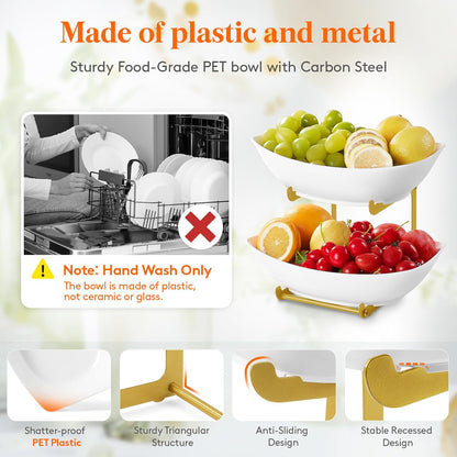 Lifewit Plastic Fruit Bowl for Kitchen Counter, 3 Tier Fruit Basket with Gold Metal Stand, Tiered Fruit Holder for Countertop Serving Tray for Vegetable/Dessert in Party 28 x 21 x 35cm/11 x 8.4 x 14