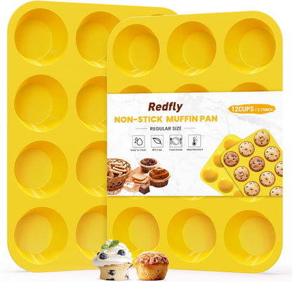 Redfly 2 Pack Silicone Muffin Pans for Baking & Cupcake Pan - 12 Cup Regular Size Silicone Molds, BPA Free Egg Bites Mold