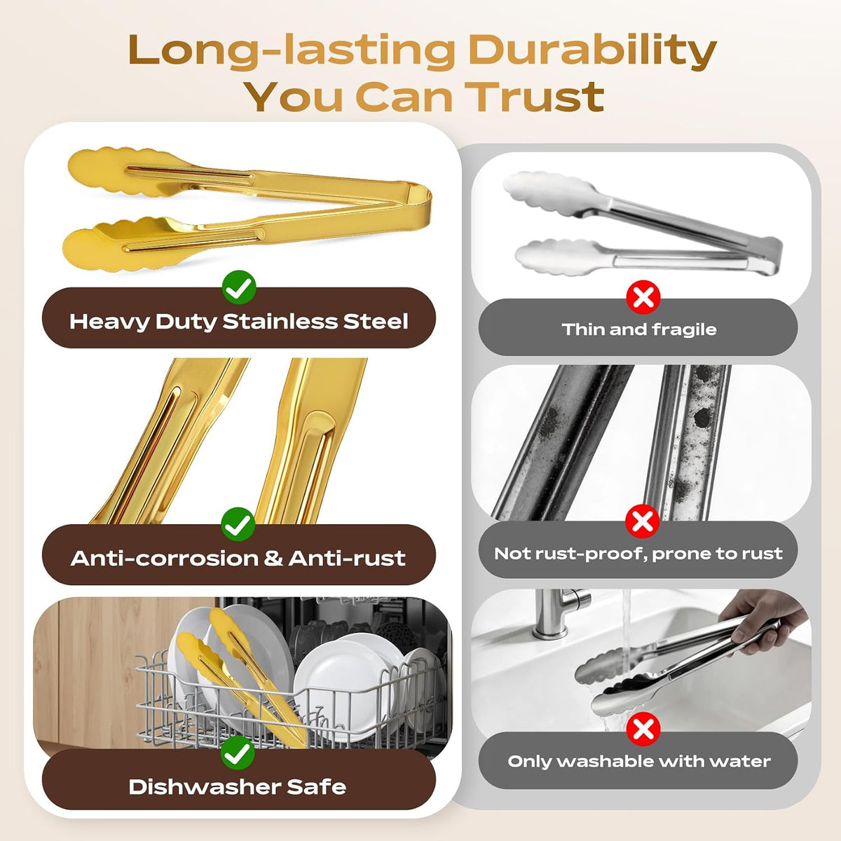 Stainless Steel Serving Tongs, 9 Inch Gold Salad Tongs Serving Utensils Buffet Tongs Gold Plated Heavy Duty Reusable Metal Kitchen Clips for Salad, Snack, Barbecue, Catering, Wedding, Party