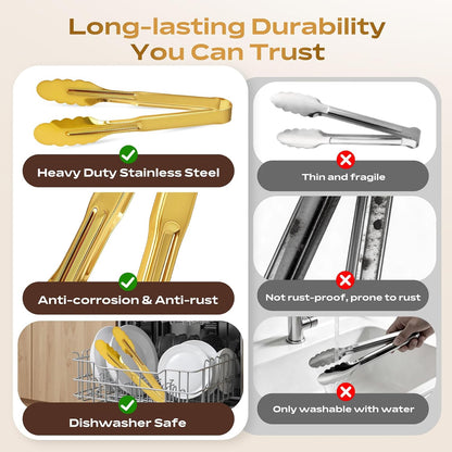 Stainless Steel Serving Tongs, 9 Inch Gold Salad Tongs Serving Utensils Buffet Tongs Gold Plated Heavy Duty Reusable Metal Kitchen Clips for Salad, Snack, Barbecue, Catering, Wedding, Party
