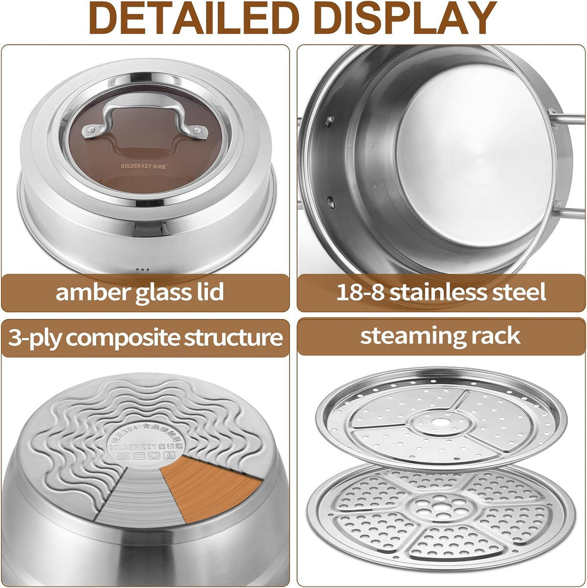 GOLDEN KEY 3.2 QT Steamer Pot With Lid - 2-Tier 18/8 Stainless Steel，Multipurpose Steaming Cookware with Vegetable Steam Basket, Oven & Dishwasher Safe, Triple Bottom for Even Heating, Perfect for Dumplings, Seafood and Vegetables
