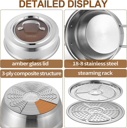GOLDEN KEY 3.2 QT Steamer Pot With Lid - 2-Tier 18/8 Stainless Steel，Multipurpose Steaming Cookware with Vegetable Steam Basket, Oven & Dishwasher Safe, Triple Bottom for Even Heating, Perfect for Dumplings, Seafood and Vegetables