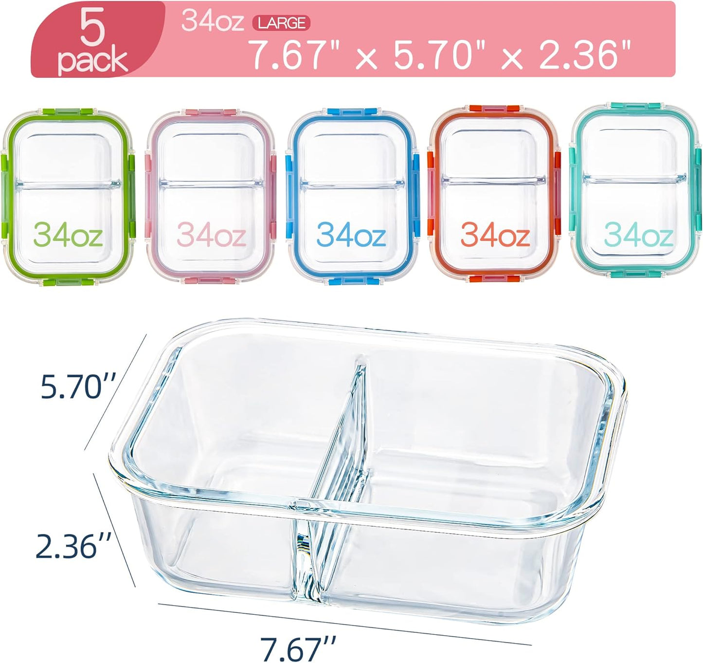 5 Pack Glass Meal Prep Containers 3 Compartment with Lids, Divided Glass Storage Containers with Silicone Sleeve for Lunch, Leak-Proof Portion Control Food Containers, Dishwasher Safe, 34 oz