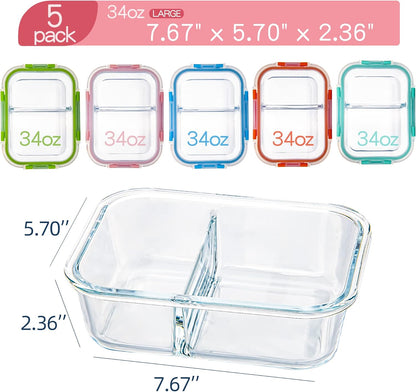 5 Pack Glass Meal Prep Containers 3 Compartment with Lids, Divided Glass Storage Containers with Silicone Sleeve for Lunch, Leak-Proof Portion Control Food Containers, Dishwasher Safe, 34 oz