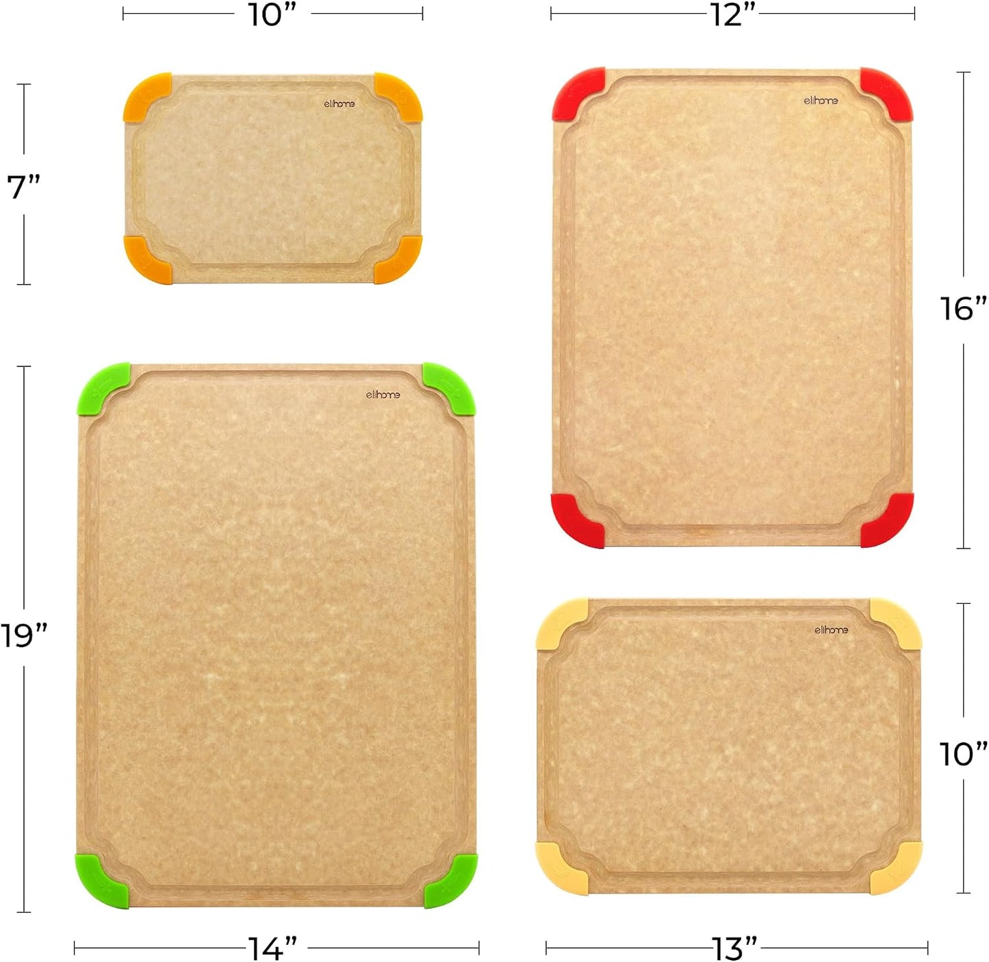 Elihome Premium Series 2-in-1 Kitchen Cutting Board Set, Non Slip Feet, Color Coded with Food Icon, Natural Wood Fiber, Dishwasher Safe, Eco-Friendly, Juice Grooves,Non Porous, BPA Free, Made in USA