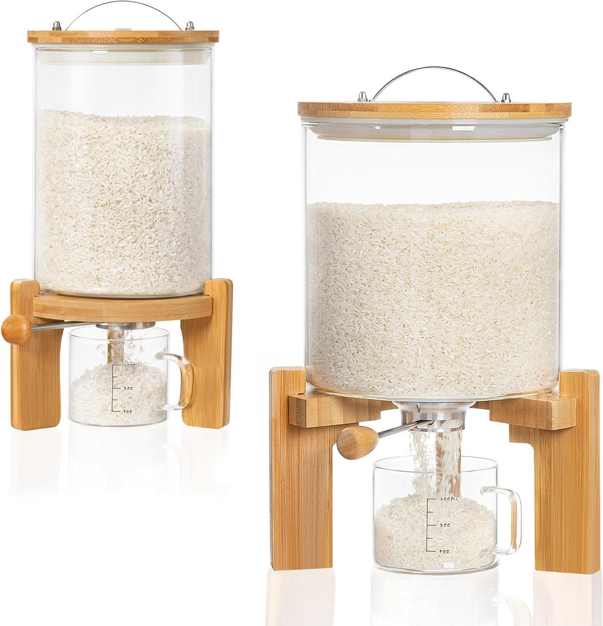 HBlife 5-7 Lbs Glass Rice Dispenser with Wooden Stand Flour and Cereal Container with Glass Measuring Cup Pantry Food Organization Storage Bin with Airtight Bamboo Lid, 3L