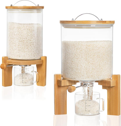 HBlife 5-7 Lbs Glass Rice Dispenser with Wooden Stand Flour and Cereal Container with Glass Measuring Cup Pantry Food Organization Storage Bin with Airtight Bamboo Lid, 3L