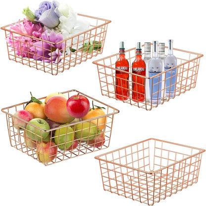 3 Pack Large Wire Baskets for Organizing 14.2'' Metal Wire Baskets with Built-in Handles, Wire Storage Basket Black Metal Freezer Organizer Wire Basket for Pantry, Cabinets, Bathroom