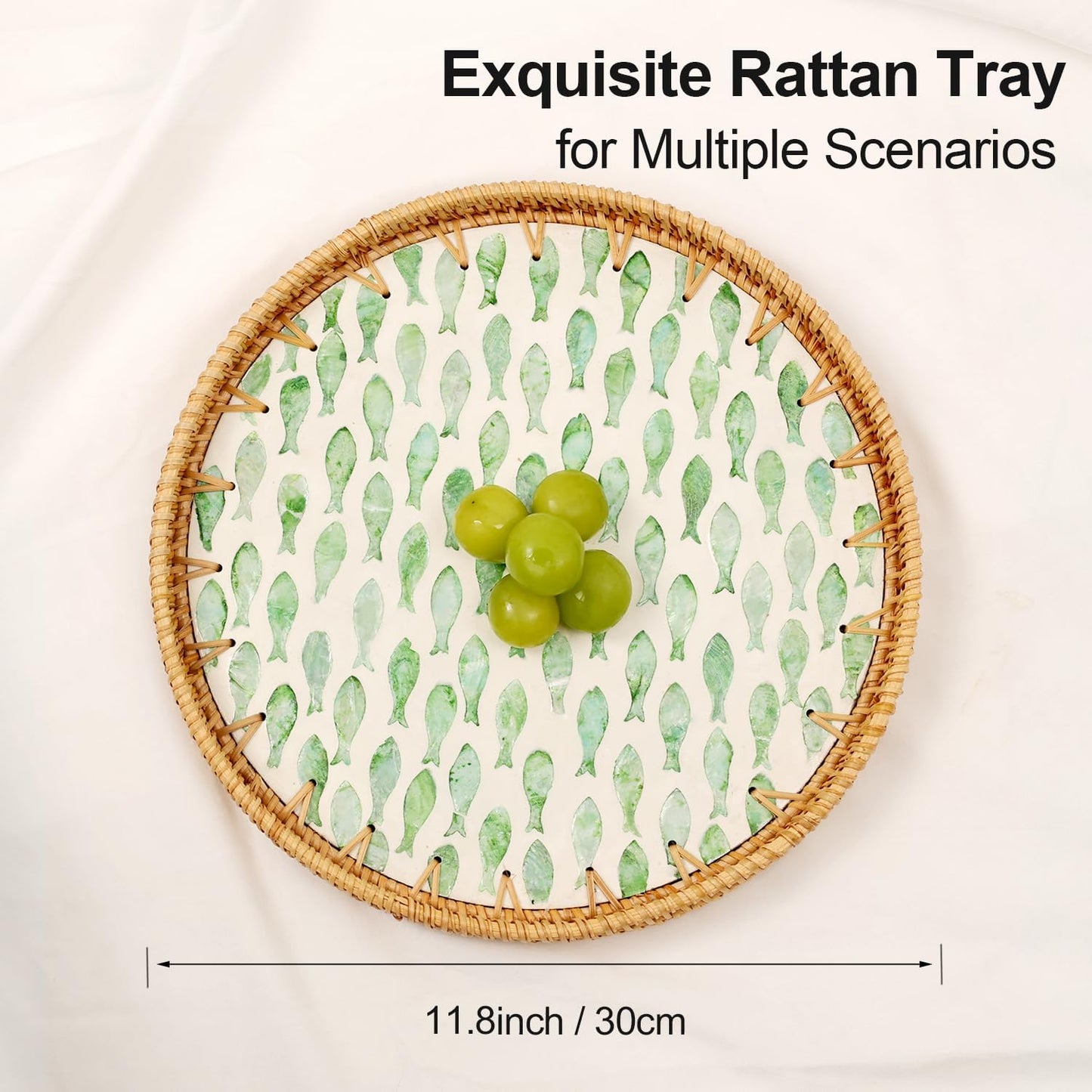 Round Rattan Tray with Mother of Pearl Inlay, Rattan Serving Tray for Coffee, Bread, Fruits, Decorative Wicker Tray for Table Decor, Home Decor, Kitchen Island Decor(Black Checkerboard, 11.8")