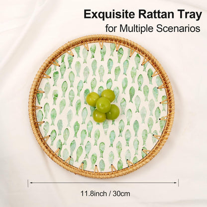 Round Rattan Tray with Mother of Pearl Inlay, Rattan Serving Tray for Coffee, Bread, Fruits, Decorative Wicker Tray for Table Decor, Home Decor, Kitchen Island Decor(Black Checkerboard, 11.8")