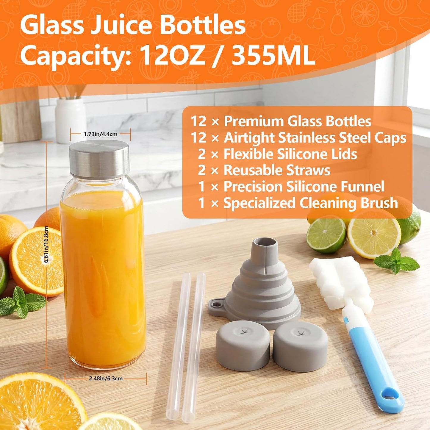 Glass Juice Bottles with Lids 10 oz, 6 Pack Reusable Small Glass Bottles with Stainless Steel Caps & Straws, BPA-Free Leak proof Juice Bottle Containers for Juicing, Milk, Smoothies & Fridge