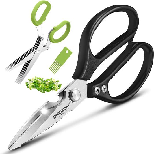 ONEBOM Kitchen Shears 2 Pack,Multi-Function Kitchen Scissors Heavy Duty Sharp 304 Stainless Steel, Apartment Kitchen Accessories Cooking Shears for Chicken,Meat,Fish,Poultry(Sliver)
