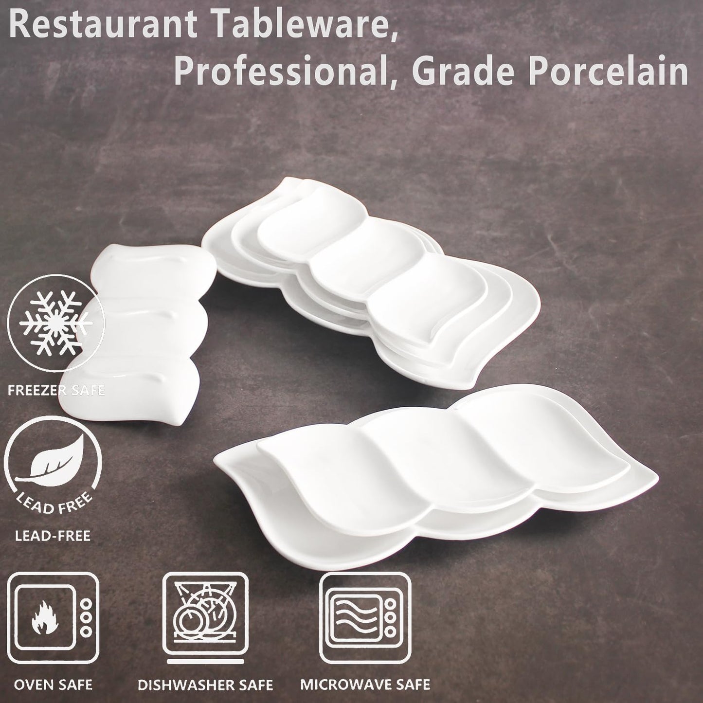 Chip and Dip Serving Set Porcelain Tray Deep Divided Bowl,Set of 2 Divided Platters/Divided Bowls,Lunch&buffet tableware,for Dishwashers,microwaves,ovens safety 13.9 Inch