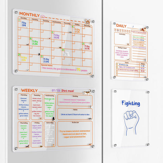 Magnetic Acrylic Clear Fridge Calendar Planner Note Board Set for Fridge,8Colors Markers,Erase Towel (Clear, Monthly & Weekly)