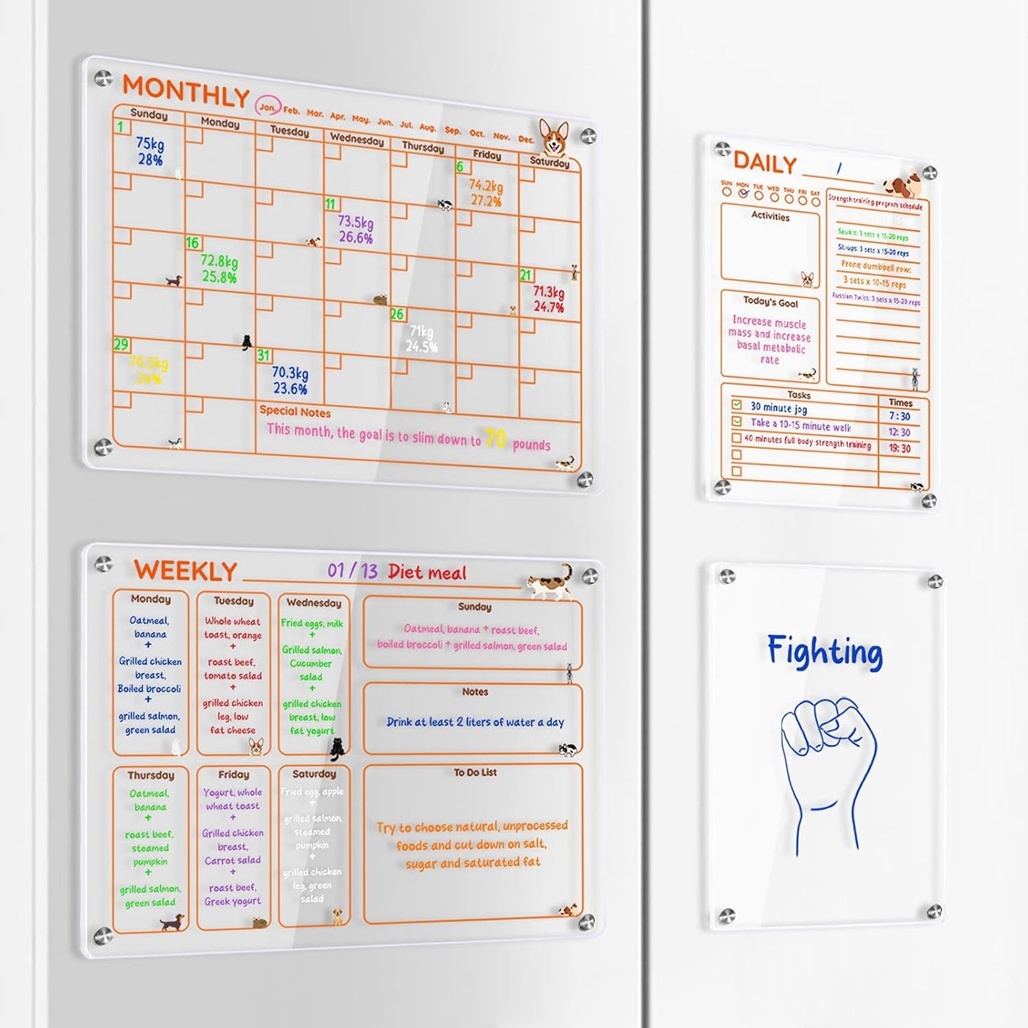 Magnetic Acrylic Clear Fridge Calendar Planner Note Board Set for Fridge,8Colors Markers,Erase Towel (Clear, Monthly & Weekly)