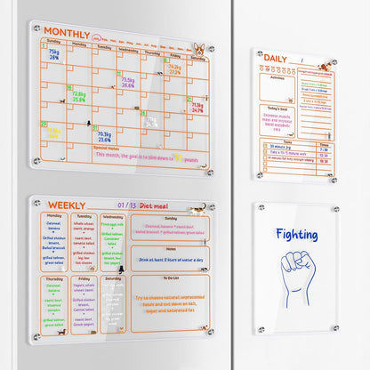 Magnetic Acrylic Clear Fridge Calendar Planner Note Board Set for Fridge,8Colors Markers,Erase Towel (Clear, Monthly & Weekly)