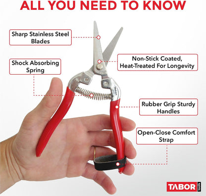 TABOR TOOLS K7A Pruning Snips – 7,5" – Carbon Steel Flower Pruning Scissors for Gardening | Floral Snips and Pruners for Deadheading, Trimming & Harvesting Herbs, Flowers, Fruits or Vegetables