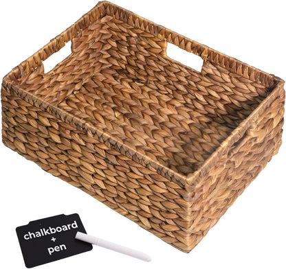 KOKODO Wicker Storage Basket Set of 2, Rectangular Baskets for Shelves with Handles & Chalkboard Labels, Handwoven Water Hyacinth Baskets for Organizing Pantry, Closet & Home.