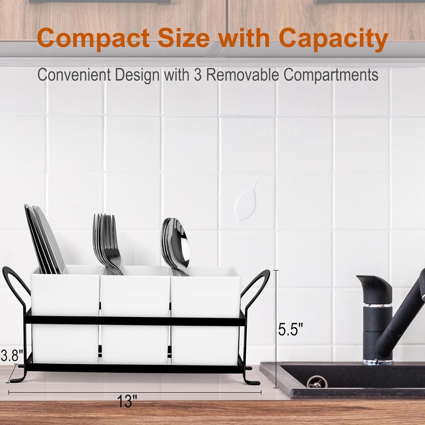Czlizdyt Cutlery Holder with Drain Holes, Silverware Caddy for Party Countertop, 3pcs Bins Set Utensil Holders for Spoon and Fork, White