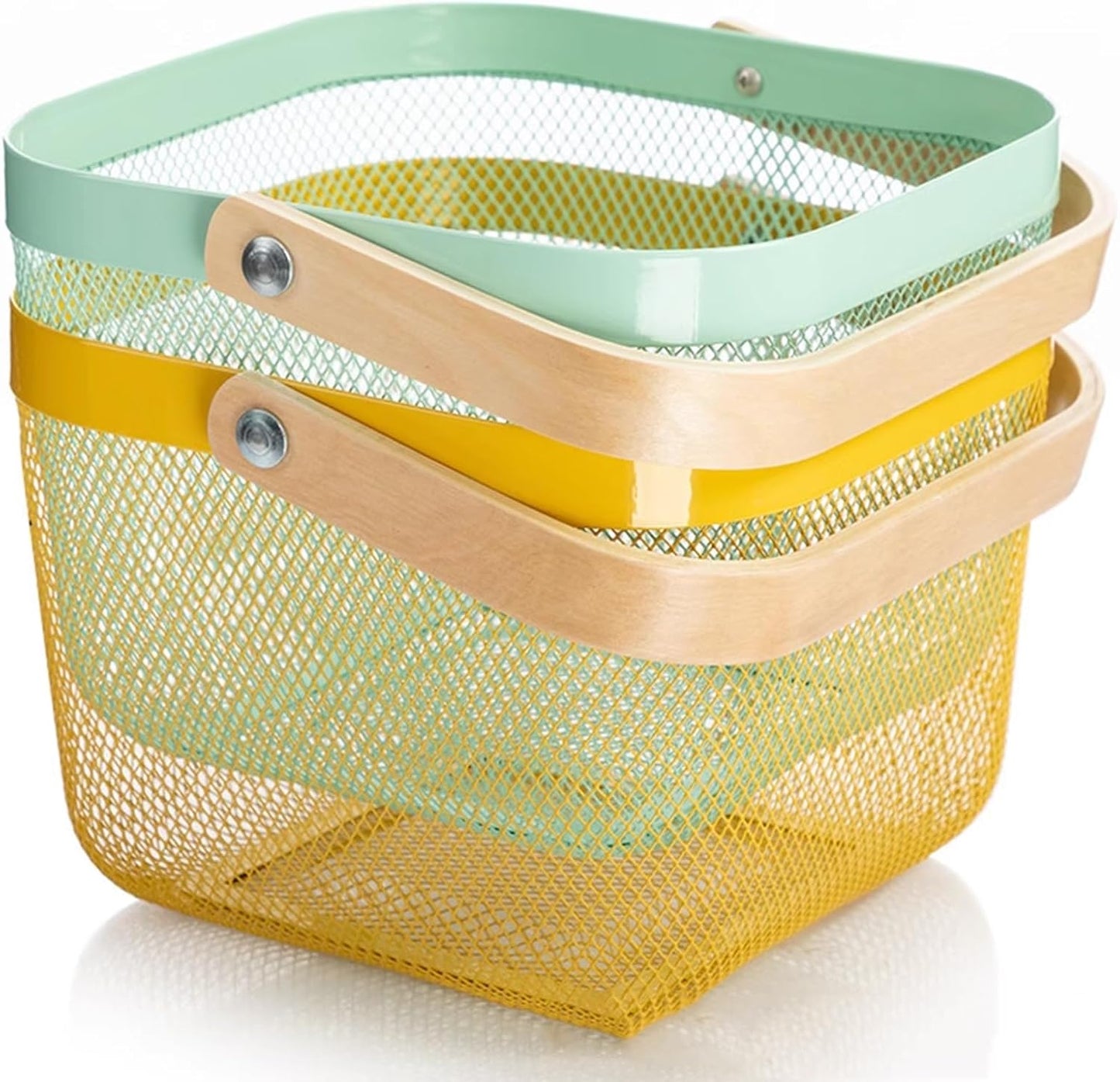 AJIODA Metal Mesh Steel Basket, Storage Organizer Basket Multi-functional Hanging Kitchen Baskets Fruit Basket Bin with Bamboo Handle for Kitchen Bathroom Picnic Shopping Decor Cabinet Home, Blue