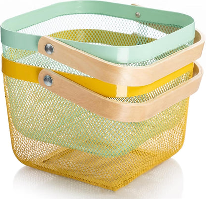 AJIODA Metal Mesh Steel Basket, Storage Organizer Basket Multi-functional Hanging Kitchen Baskets Fruit Basket Bin with Bamboo Handle for Kitchen Bathroom Picnic Shopping Decor Cabinet Home, Blue