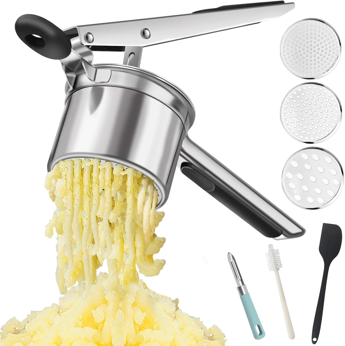 Heavy Duty Potato Ricer, Large 22oz Potato Masher, Stainless Steel Press and Mash Kitchen Gadget for Mashed Potatoes, Spaetzle Maker with Silicone Handle