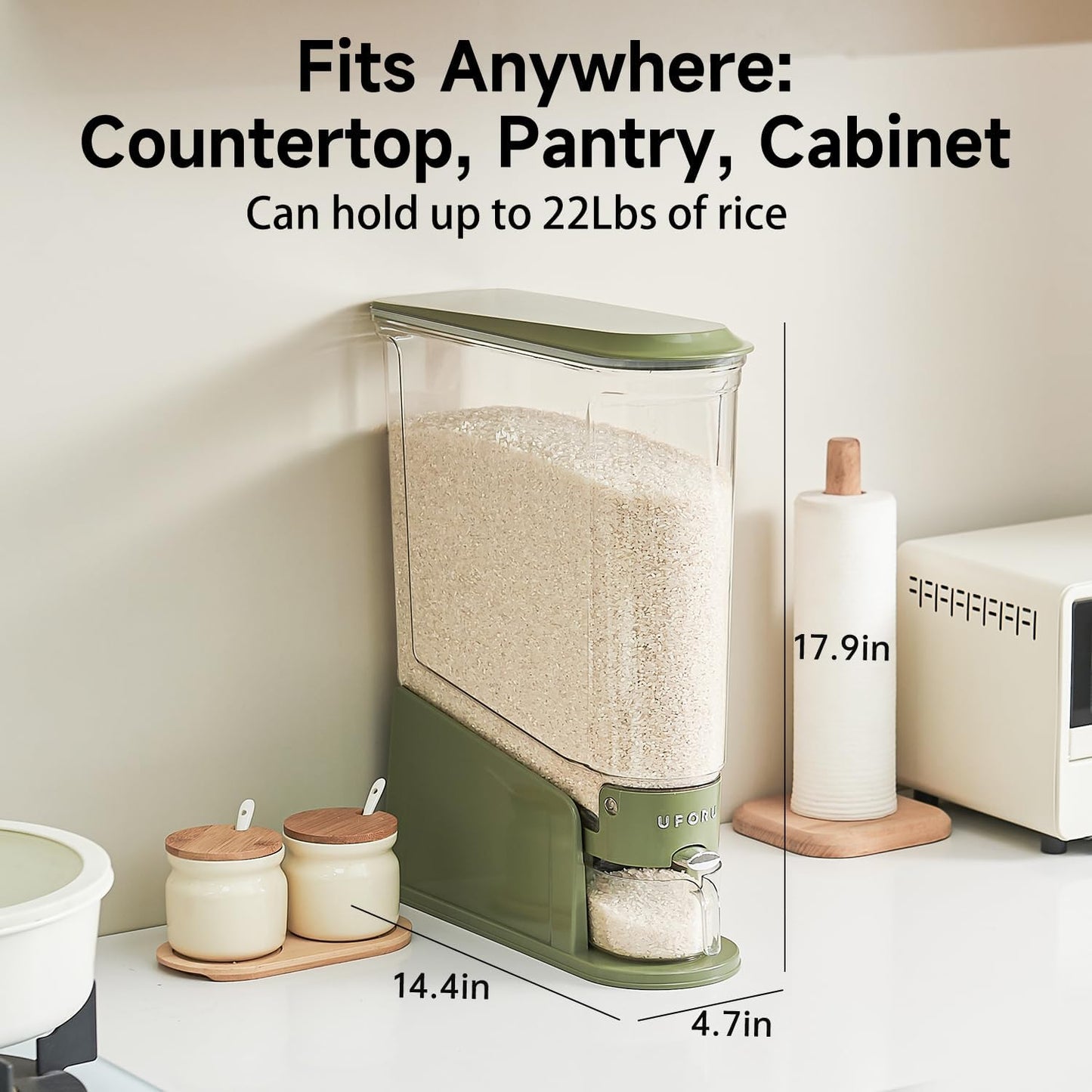 UFORU Rice Dispenser 22Lbs, Slim Rice Storage Container for Small Space, BPA-Free Clear Dry Food Dispenser Sealed Moisture Proof, Grain&Cereal Storage Bucket for Kitchen Pantry Household, Cream White