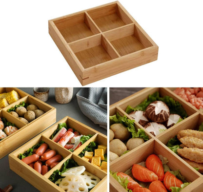 Divided Wooden Tray Multi Compartments Serving Tray for Hot Pot Sushi Restaurants Wood Platter for Food Presentation and Organization (4 Compartments)