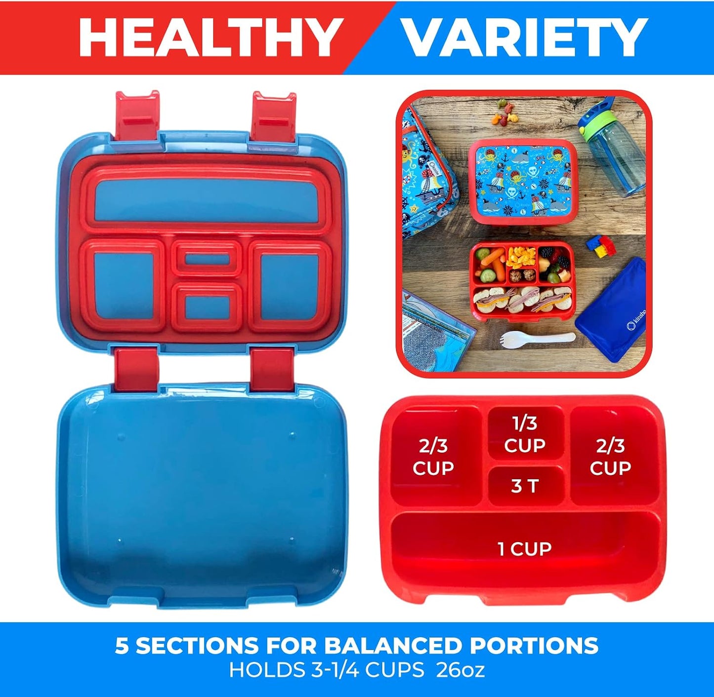 Kinsho Bento Lunch Box for Kids Toddlers, 5 Portion Control Sections, BPA Free Removable Plastic Tray, Pre-School Kid Toddler Daycare Lunches, Snack Container Ages 3 to 7 (Blue Space Rockets)