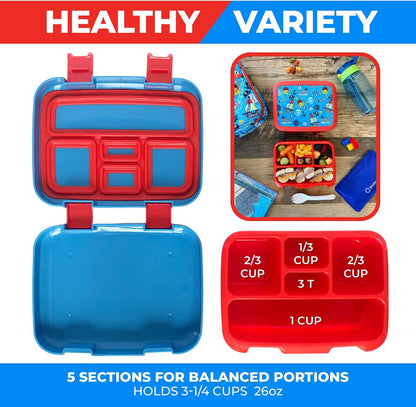 Kinsho Bento Lunch Box for Kids Toddlers, 5 Portion Control Sections, BPA Free Removable Plastic Tray, Pre-School Kid Toddler Daycare Lunches, Snack Container Ages 3 to 7 (Blue Space Rockets)