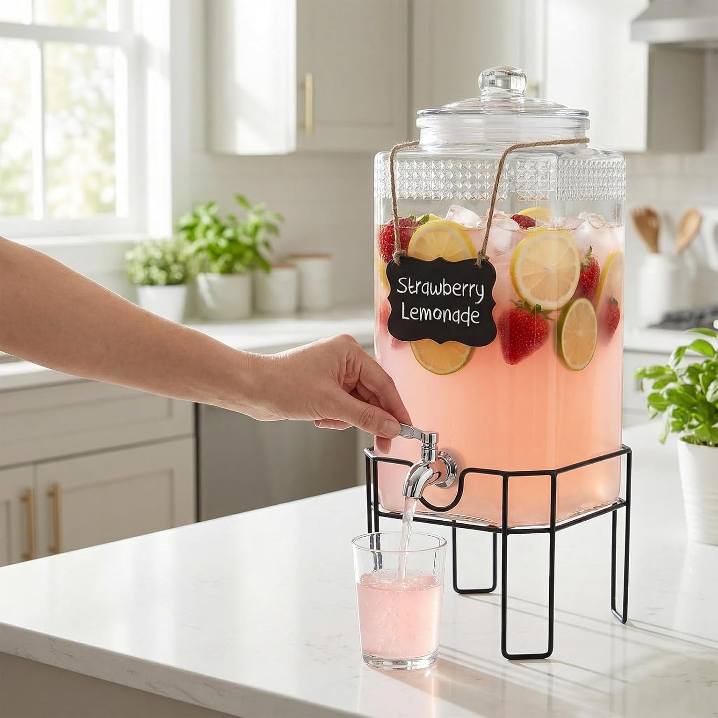 Drink Dispenser, Drink Dispensers for Parties, 1 Gallon Glass Beverage Dispenser with Stand and Glass Lid, 100% Leakproof Spigot, Ideal for Lemonade, Juice, Iced Tea, Laundry Detergent