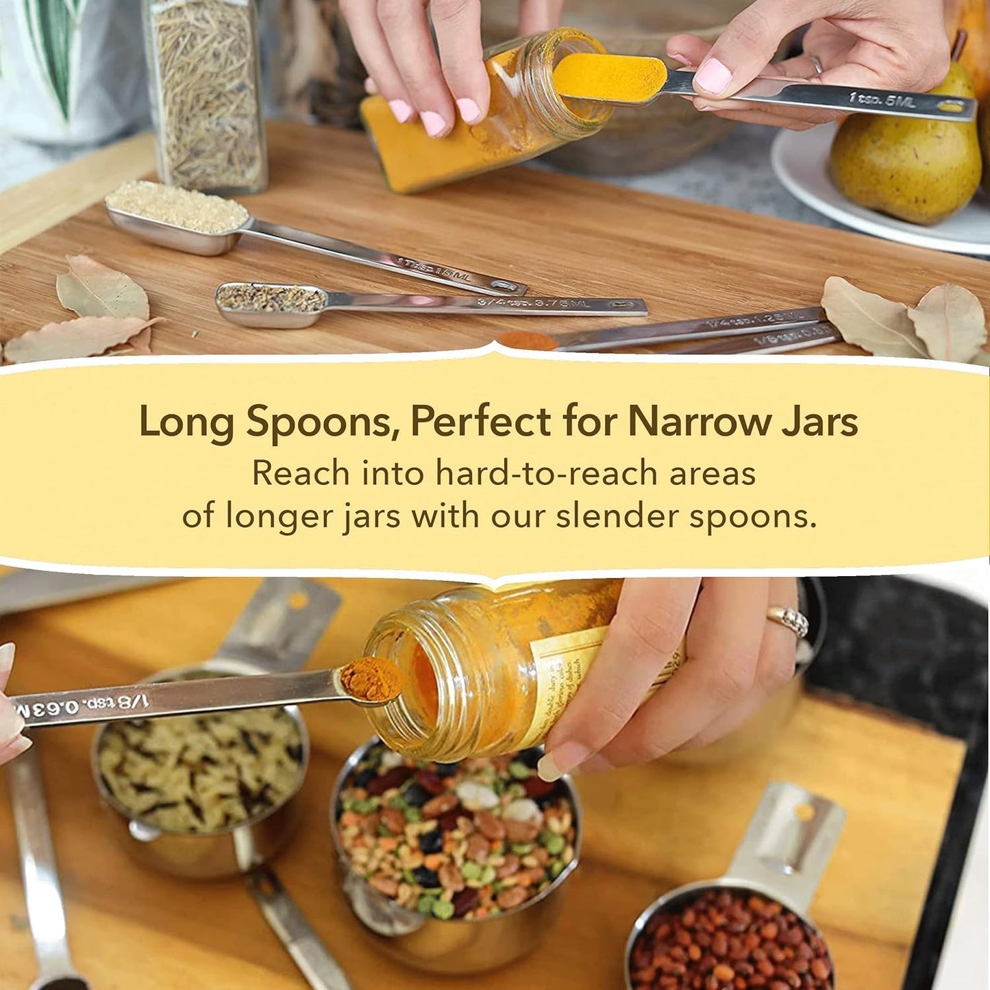 Simply Gourmet Measuring Cups & Spoons Set of 12, 18/08 Stainless Steel Kitchen Gadgets, Stackable Design with Long Handle Spoons, Fits in Spice Jars, Cooking & Baking Set for Dry & Liquid