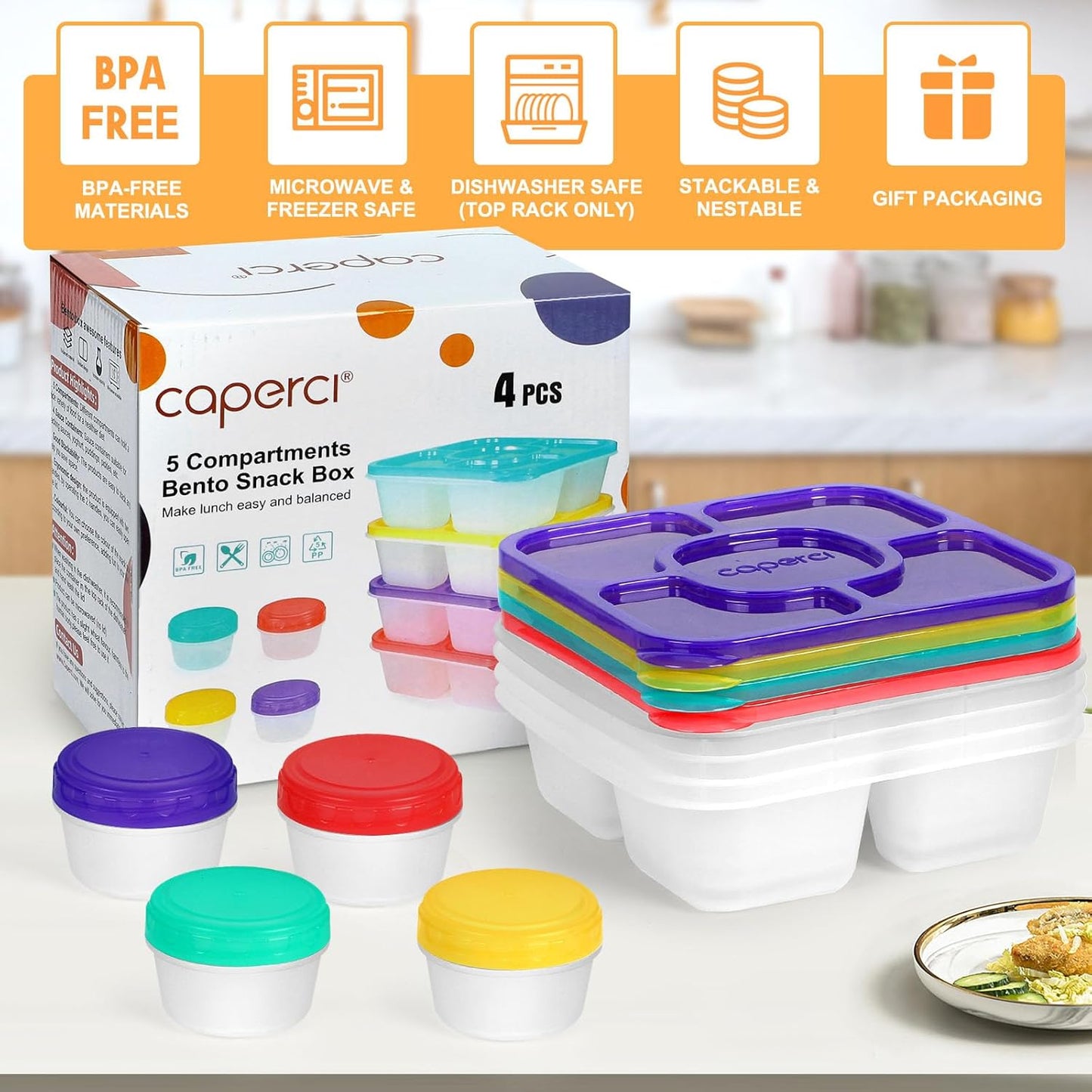 Caperci Original Lunchable Snack Containers for Kids & Adults - 5 Compartments Bento Snack Boxes with 4 Leakproof Small Containers, Wheat Straw, BPA-Free, Set of 4