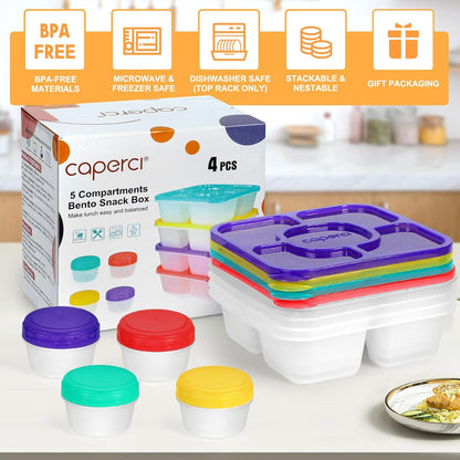Caperci Original Lunchable Snack Containers for Kids & Adults - 5 Compartments Bento Snack Boxes with 4 Leakproof Small Containers, Wheat Straw, BPA-Free, Set of 4