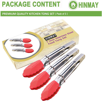 HINMAY Mini Stainless Steel Food Tongs with Silding Rings 7-Inch, Set of 6 | Small Clam Shell Service Tongs for Serving Appetizers, Desserts, Salads, Barbecue and Cooking (Silver)