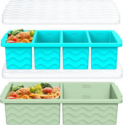 Silicone Freezer Trays with Lid for Soup, 1-Cup & 2-Cup Large Ice Cube Molds Food Storage Containers for Meal Prep, Freeze 500mL/250mL/125mL Portions – 2 Pack