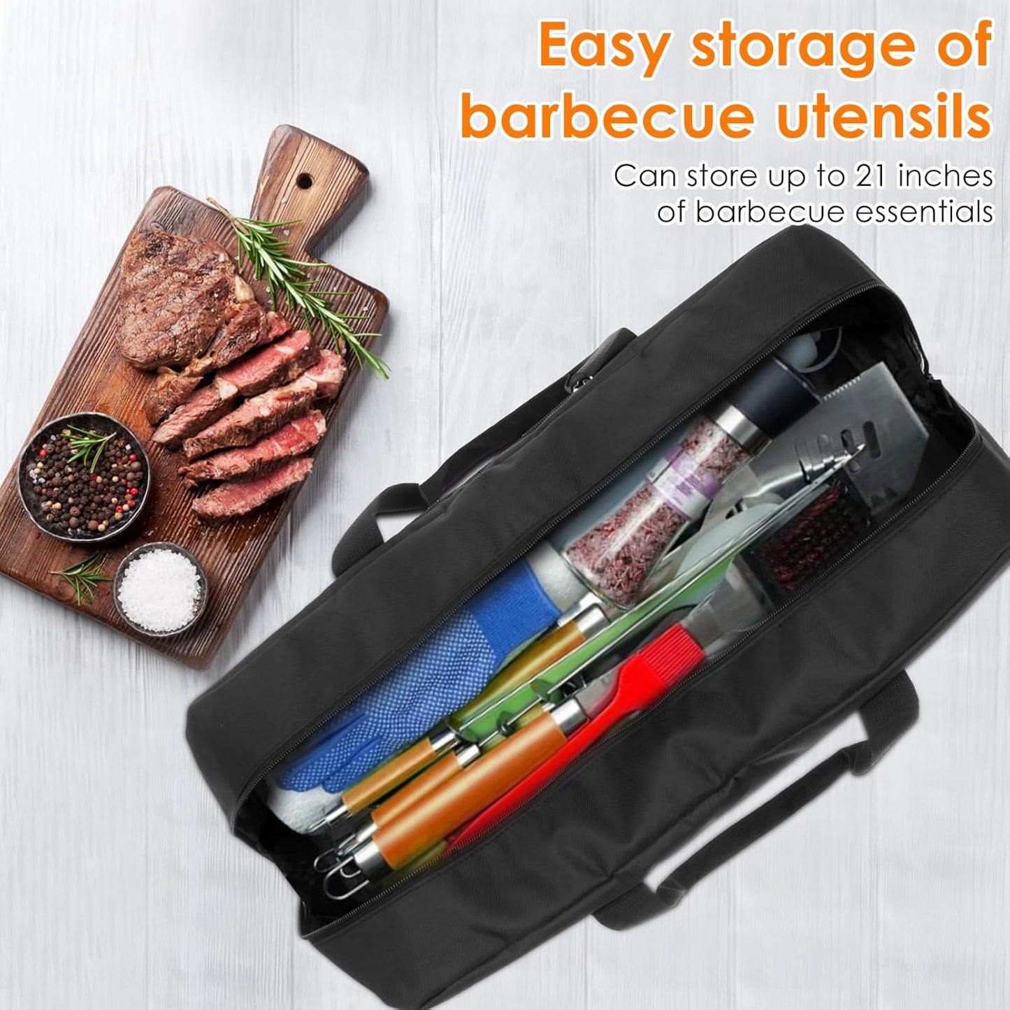 Grill Tool Storage Bag, Outdoor BBQ Utensil Storage for Barbecue Tool up to 21", Grill Utensil Storage with Zippered Pocket and Mesh Pockets, BBQ Accessories Case Container for Camping（Only Bag）