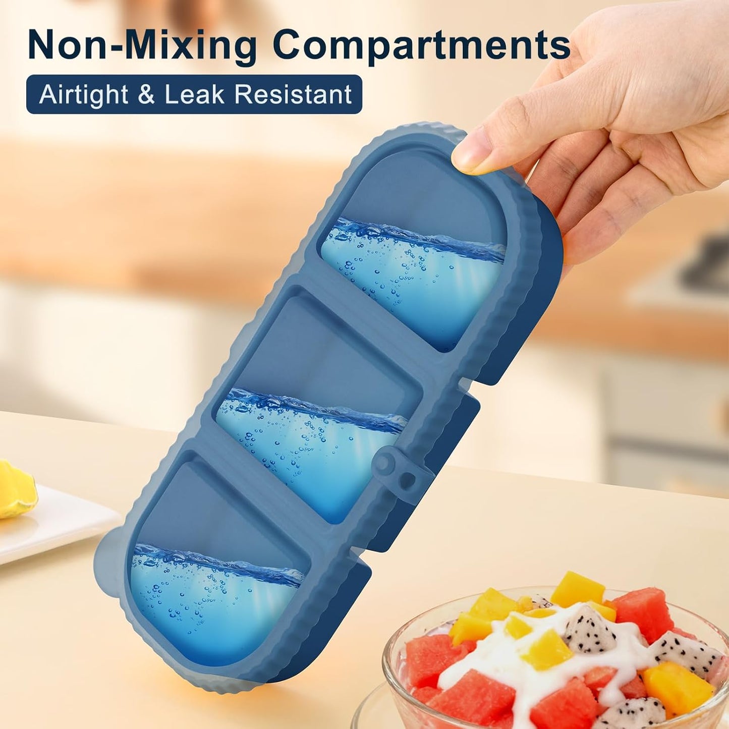 Silicone Reusable Snack Containers with Lids, 4 Pack 3 Compartment Bento Snack Boxes, Leakproof Food Storage Containers for Meal Prep, Lunch, Fruits, Kids & Adults, Dishwasher Safe