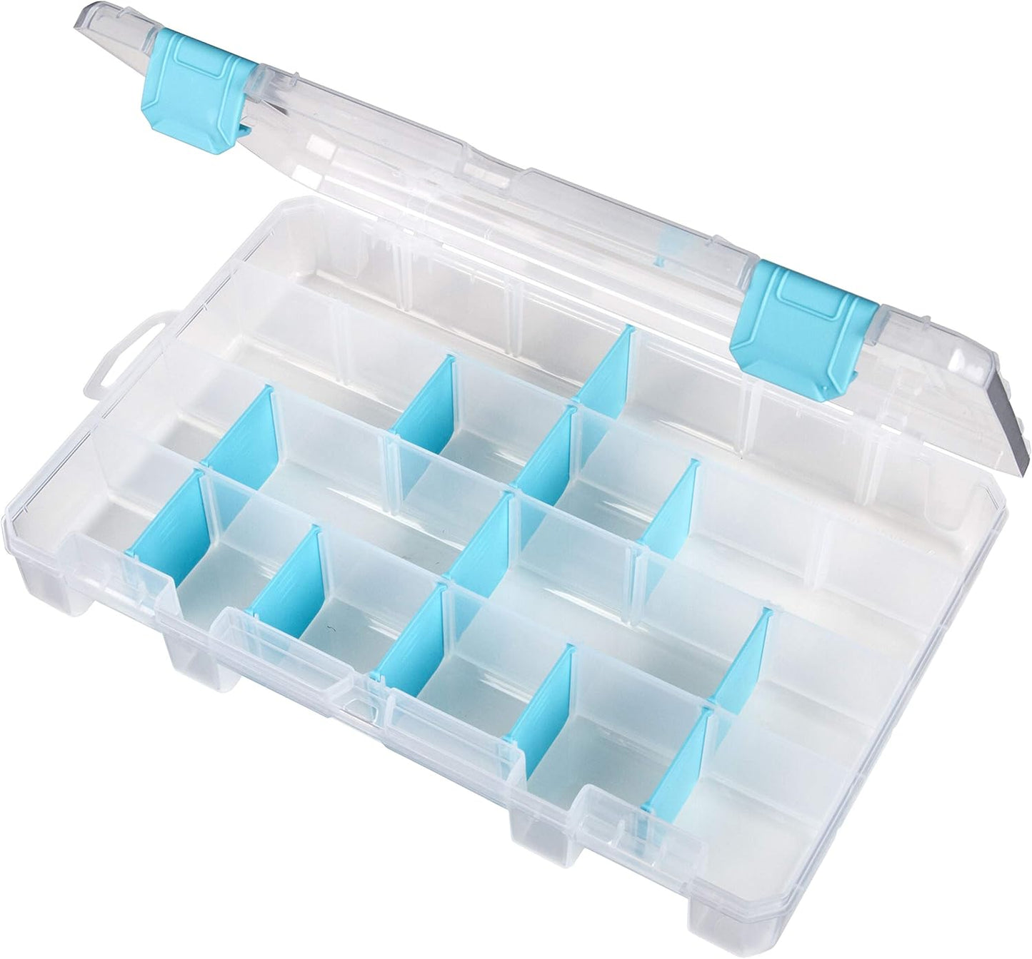 ArtBin 6944AG Medium Anti-Tarnish Box with 15 Removable Dividers, Jewelry & Craft Organizer, 1 Plastic Storage Case with Anti-Tarnish Technology, Clear with Aqua Accents 10.875” x 7.0” x 1.75”