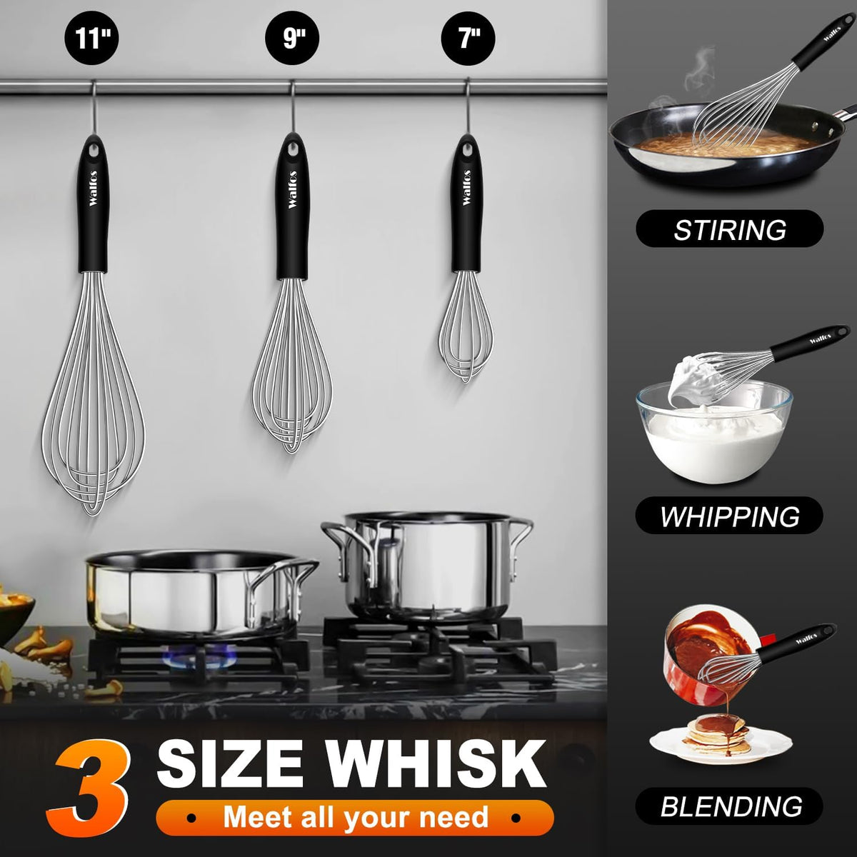 Walfos Silicone Whisk,Stainless Steel Wire Whisk -Heat Resistant 480°F Kitchen Whisks for Non-stick Cookware,Balloon Egg Beater Perfect for Blending,Whisking,Beating,Frothing & Stirring,Black